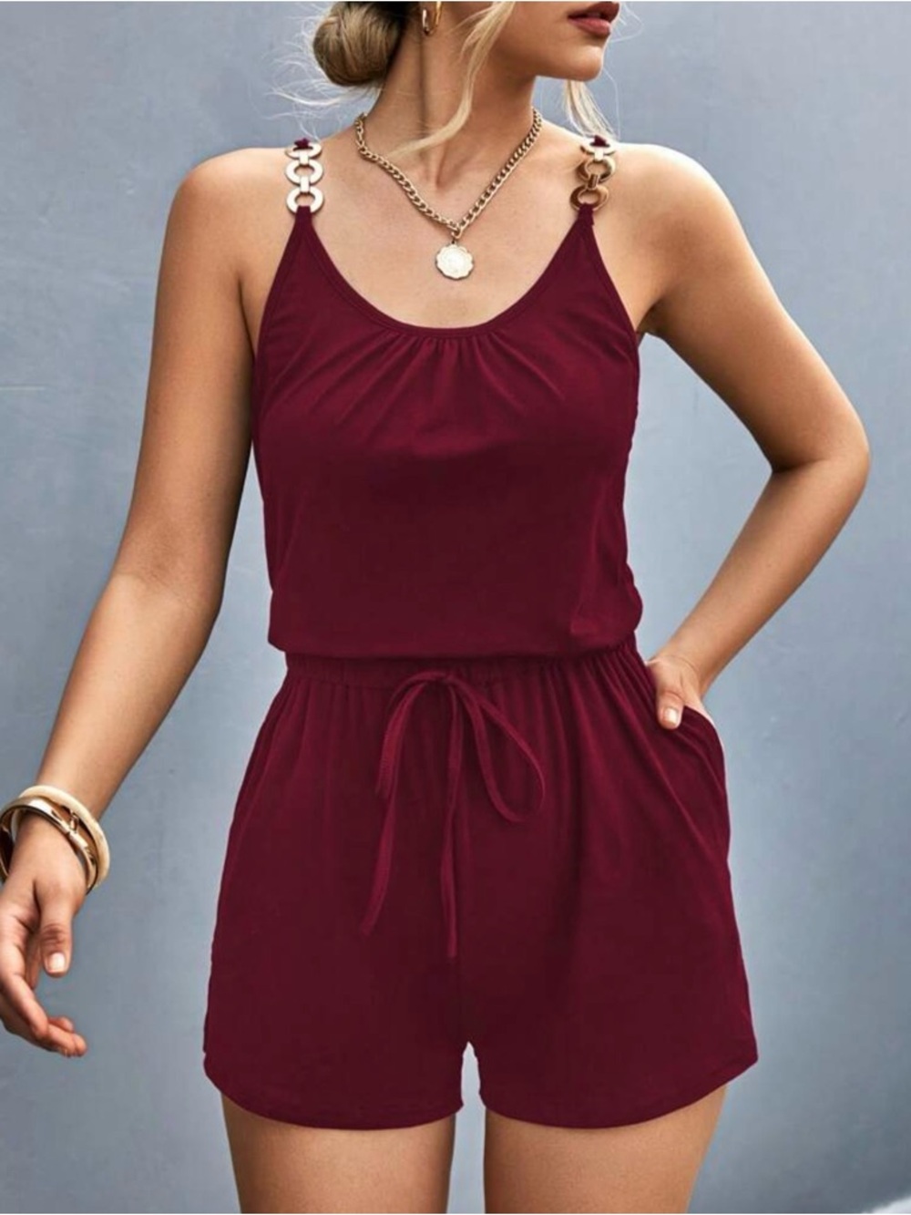 Chain-Strap Sleeveless Romper in Burgundy